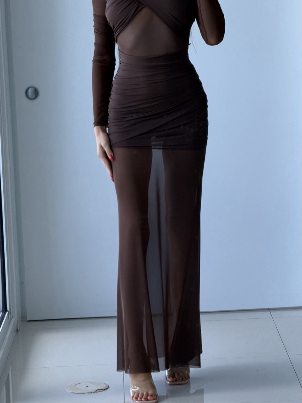 Brown Ruched Maxi Dress Like New